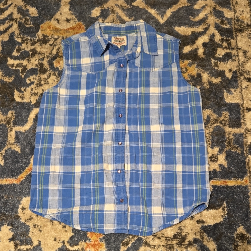 Blue Plaid Sleeveless Women's Shirt